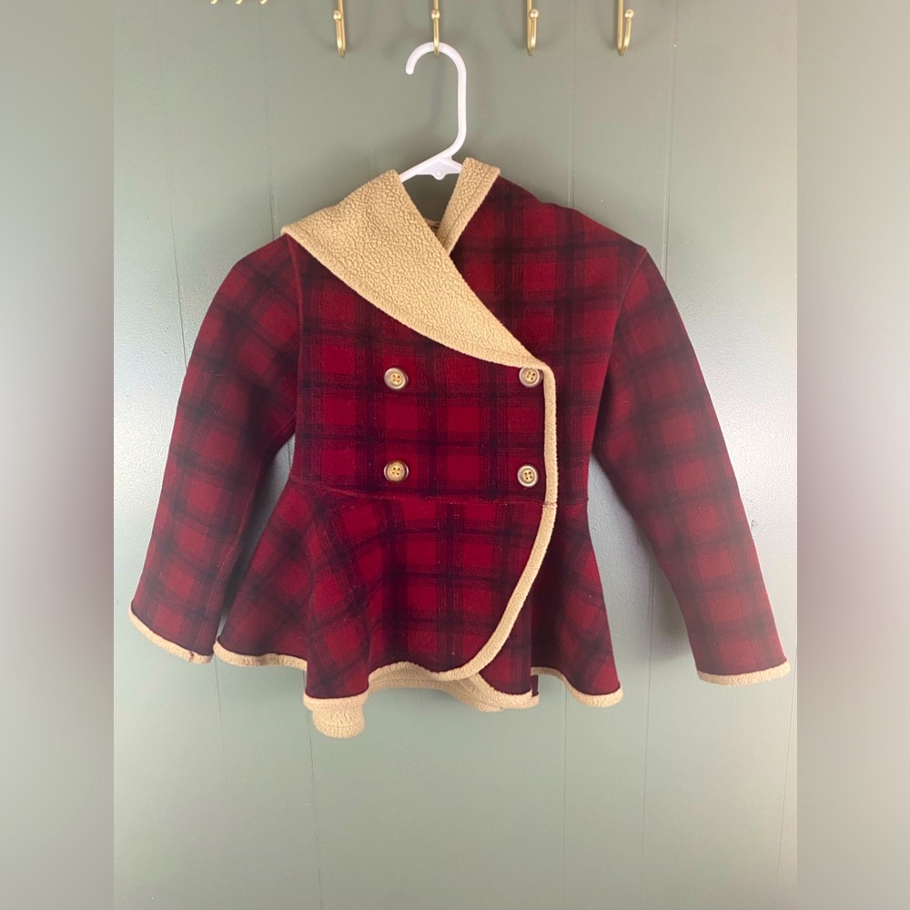 Mack & Co - Red Buffalo Plaid Fleece Double Breasted Pea Coat - Girls 6x